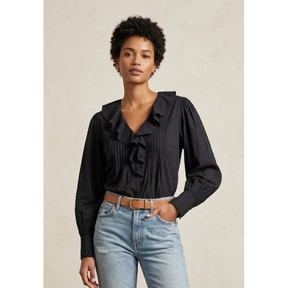 NWT Madewell Black Ruffle V-Neck Pleated Blouse Long Sleeve Button Up Top M